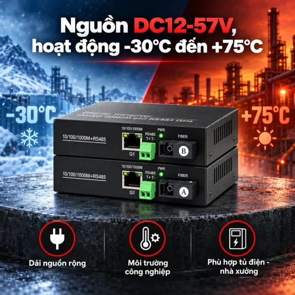Bộ chuyển đổi công nghiệp HDTEC RS485 sang 1 cổng RJ45 1G HDTEC-485GE1