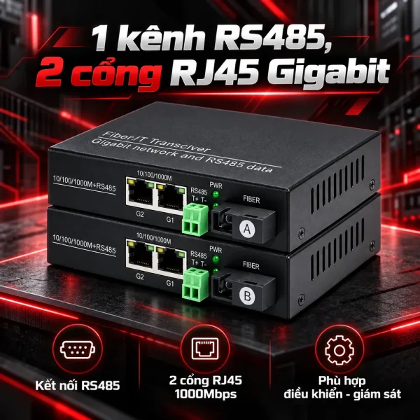 Bộ chuyển đổi công nghiệp HDTEC RS485 sang 2 cổng RJ45 1G HDTEC-485GE2