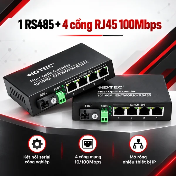 Bộ chuyển đổi công nghiệp HDTEC RS485 sang 4P RJ45 100Mbps HDTEC-485E4