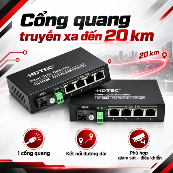 Bộ chuyển đổi công nghiệp HDTEC RS485 sang 4P RJ45 100Mbps HDTEC-485E4