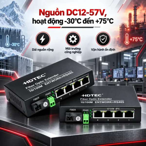Bộ chuyển đổi công nghiệp HDTEC RS485 sang 4P RJ45 100Mbps HDTEC-485E4