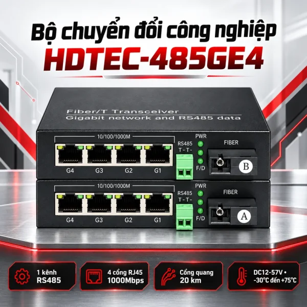 Bộ chuyển đổi công nghiệp HDTEC RS485 sang 4P RJ45 1G HDTEC-485GE4