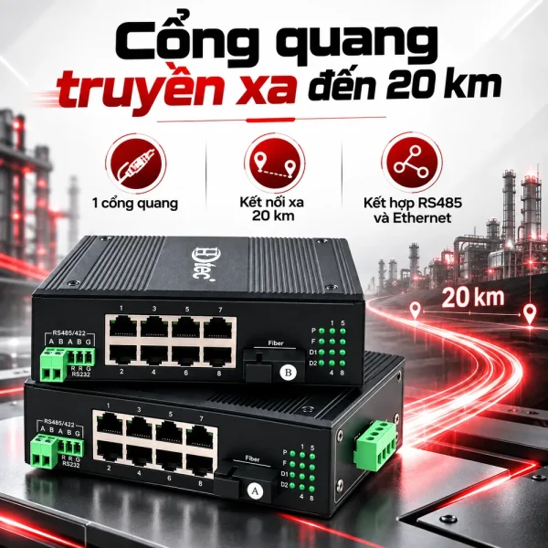 Bộ chuyển đổi công nghiệp HDTEC RS485 sang 8P RJ45 (100m) HDTEC-485E8