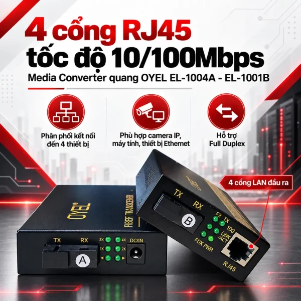 Media Converter quang 1 vào 4 ra 10/100Mbps OYEL EL-1004A – EL-1001B