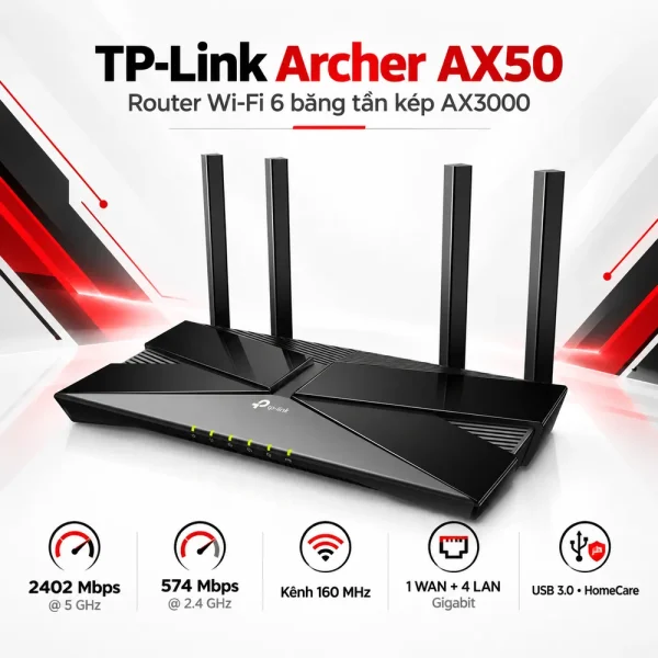 Router Wi-Fi 6 Gigabit Băng Tần Kép AX3000 Archer AX50