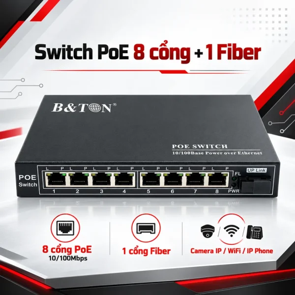 Switch PoE BTON 8 port 10/100M + Fiber BT-6108FE-25A