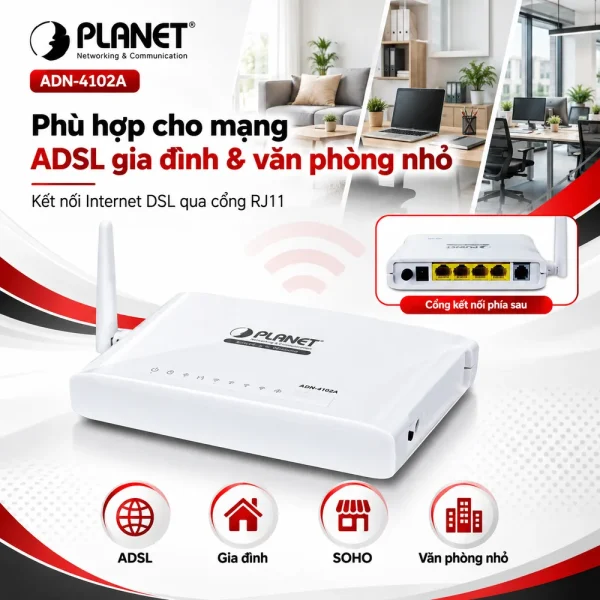 Wireless PLANET ADN-4102A ADSL2+ WiFi 150Mbps 4 cổng LAN