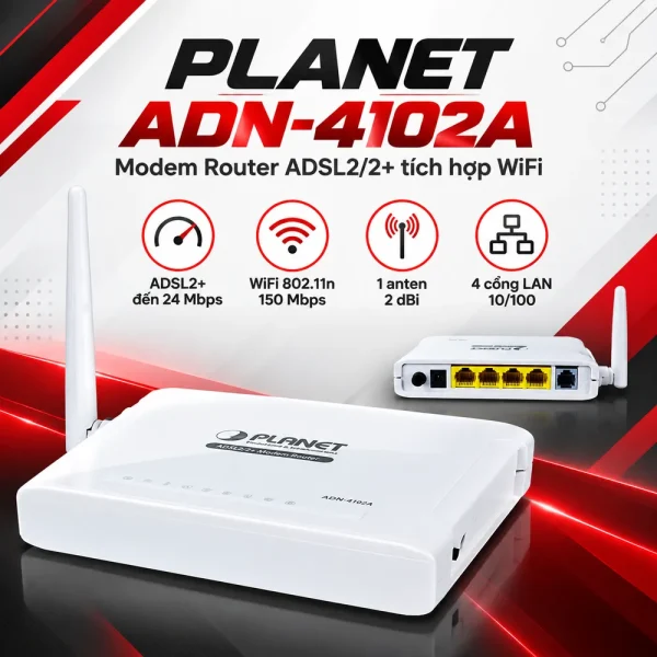 Wireless PLANET ADN-4102A ADSL2+ WiFi 150Mbps 4 cổng LAN